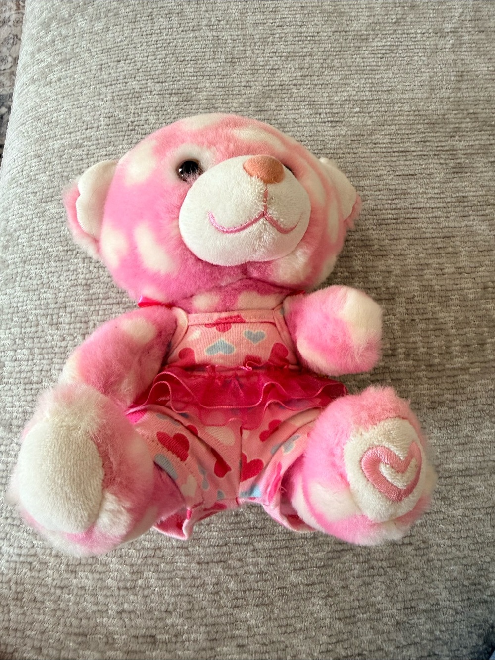 Build-A-Bear Pink and Cream Heart Pattern Plush Bear with Ruffle Outfit